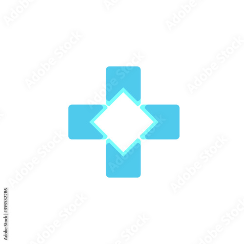 Medical cross logo.Healthcare and doctor sign.Blue color icon isolated on light background.First aid geometric symbol for medics, doctors and pharmacy.Clean plus shape.