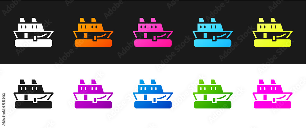 Obraz premium Set Cruise ship icon isolated on black and white background. Travel tourism nautical transport. Voyage passenger ship, cruise liner. Worldwide cruise. Vector.