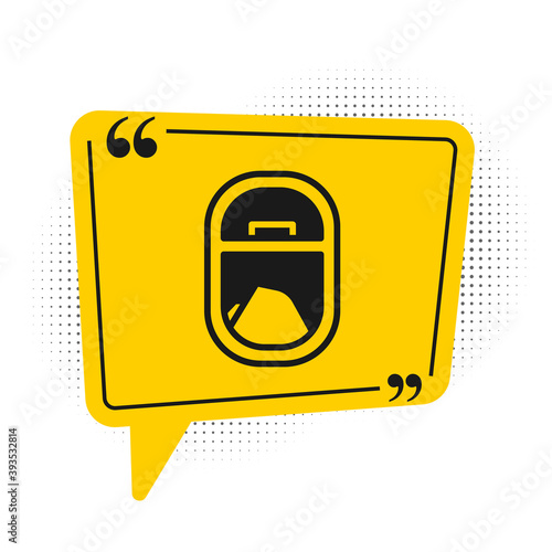 Black Airplane window icon isolated on white background. Aircraft porthole. Yellow speech bubble symbol. Vector.