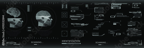 HUD Futuristic user interface with personal identification options. Biometric scanner with HUD, GUI, UI elements. Cyber intelligence with biometric analysis