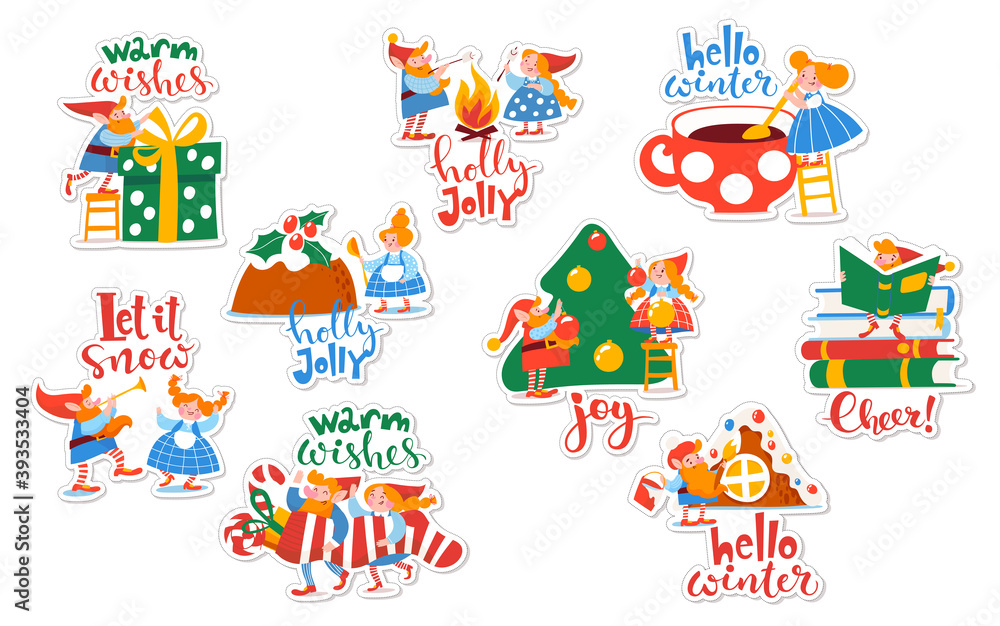 Bundle of winter tags and stickers with cute elf characters on Christmas holidays