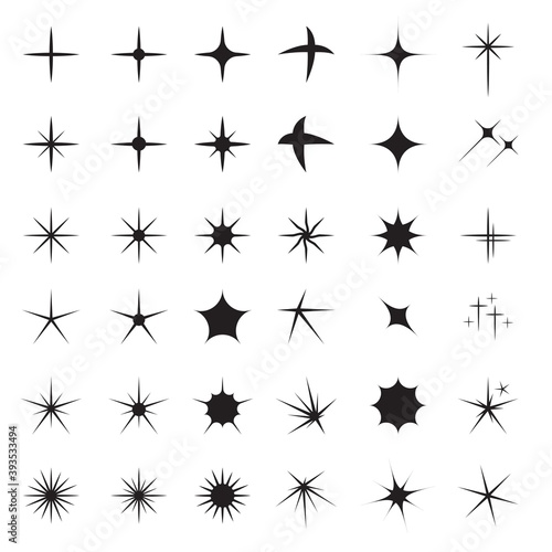Black star sparkles vector set. Bright firework  decoration twinkle  shiny flash. Glowing light effect