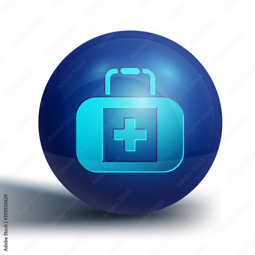 Blue First aid kit icon isolated on white background. Medical box with cross. Medical equipment for emergency. Healthcare concept. Blue circle button. Vector. Blue First aid kit icon isolated on white background. Medical box with cross. Medical equipment for emergency. Healthcare concept. Blue circle button. Vector.