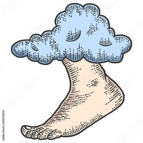 God footsteps out of the cloud. Engraving vector illustration.