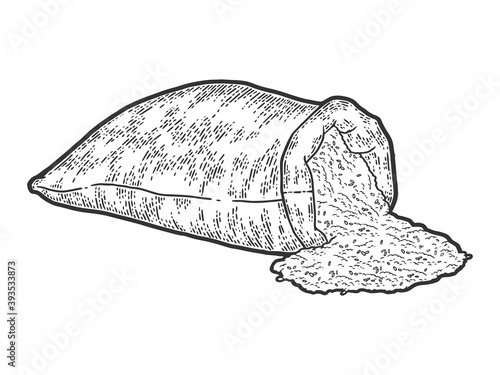 Scattered rice in bag isolated on white background. Engraving vector illustration.