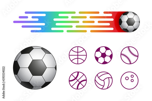 Set of sport balls isolated. Realistic soccer ball rapidly flies forward with a shadow tail of bright brush strokes. Symbol of football. Flat design with blank space for banners, posters, cards, flyer