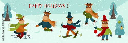 Funny bulls play winter games: skiing, playing snowballs, sledding, ice skating, sculpting a snowman. New year banner for your design. Set of bulls. The bull is a symbol of the new year 2021.