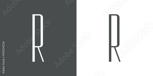 Logotipo inicial letra R simple en linea delgada en fondo gris y fondo blanco