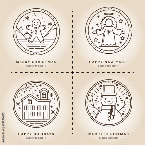 Christmas Set of illustrations in Retro style. Gingerbread, Angel, House in the Snow and Snowman. Icons and Emblems for Invitations, Greetings, Postcards and Posters. Isolated vector Collection