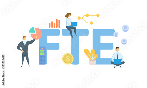 FTE, Full Time Employee. Concept with keywords, people and icons. Flat vector illustration. Isolated on white background.