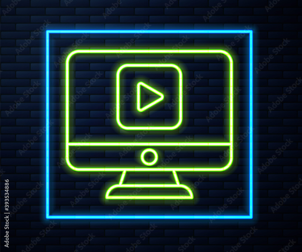Glowing neon line Online play video icon isolated on brick wall background. Computer monitor and film strip with play sign. Vector Illustration. Glowing neon line Online play video icon isolated on brick wall background. Computer monitor and film strip with play sign. Vector Illustration.