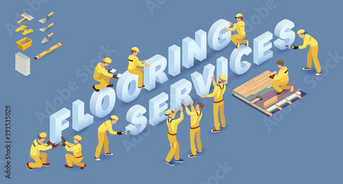 Workers install isometric letters. Words Flooring Services. Vector illustration.