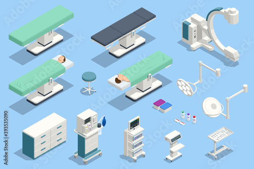 Isometric icons set of Equipment and MedicalDevices in Modern Operating Room. Medical Devices for Neurosurgery.