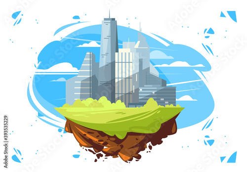 Vector illustration of a city silhouette floating in the clouds on a flying island of earth