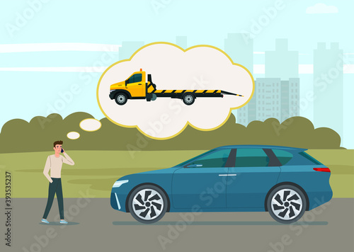 A man calls a tow truck, his electric car is discharged on a country road.  Vector flat style illustration.