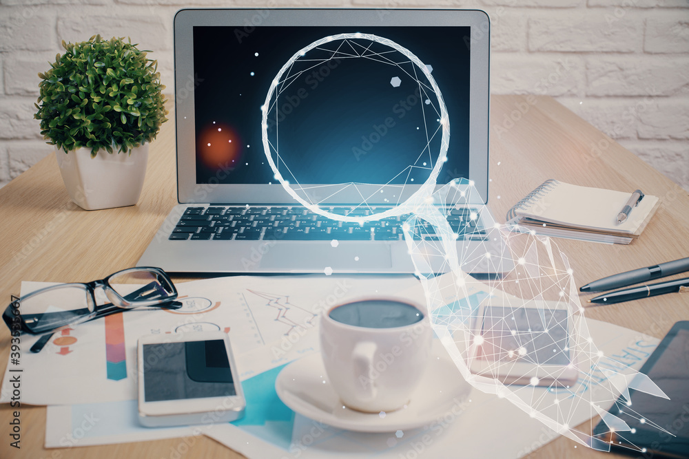 Desktop computer background in office and start up theme hologram drawing. Double exposure. Startup concept. Desktop computer background in office and start up theme hologram drawing. Double exposure. Startup concept.