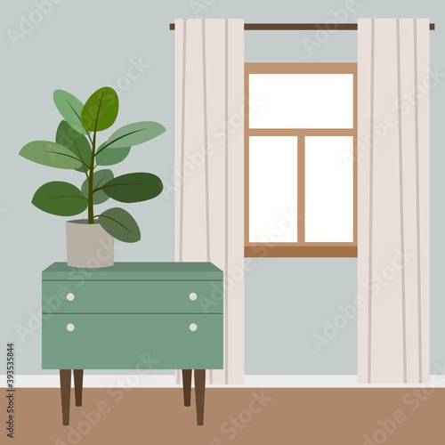 Living room interior with chest of drawers and window. Vector illustration.