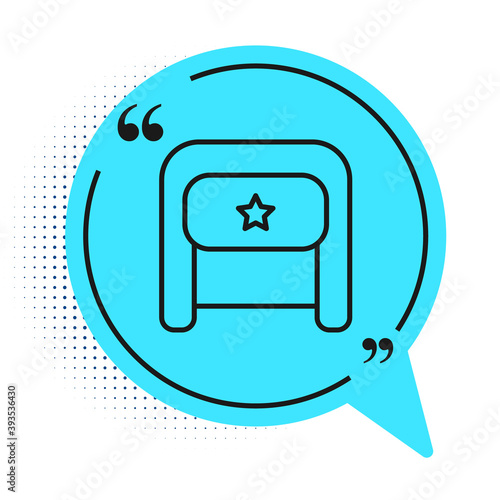 Black line Ushanka icon isolated on white background. Russian fur winter hat ushanka with star. Soviet Union uniform of KGB and NKVD. Blue speech bubble symbol. Vector.