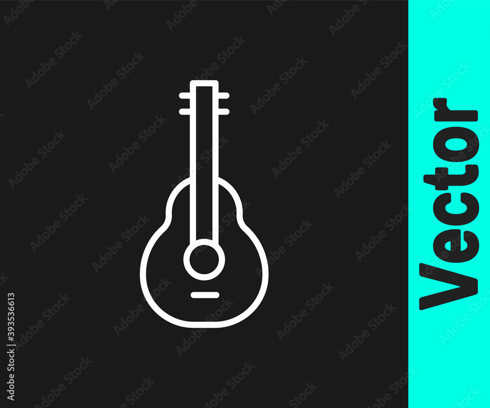 White line Mexican guitar icon isolated on black background. Acoustic guitar. String musical instrument. Vector.