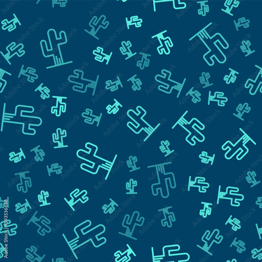 Green line Cactus icon isolated seamless pattern on blue background. Vector. Green line Cactus icon isolated seamless pattern on blue background. Vector.