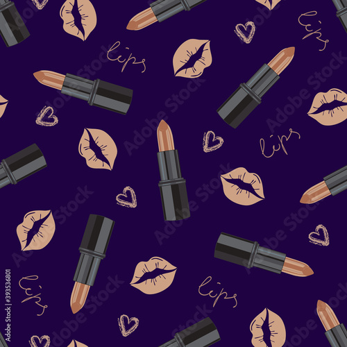 Glamorous fashion seamless pattern with gold lipstick and kisses on a dark background.