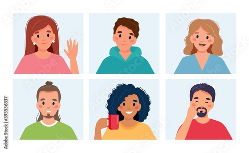 Group of people doing group call. Online meeting via video conference. Vector illustration in flat style