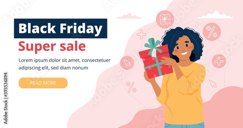 Black friday banner with woman holding a gift box. Vector illustration template