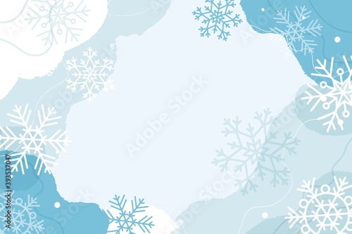Abstract winter background with fluid organic shapes and snowflakes, pastel colors