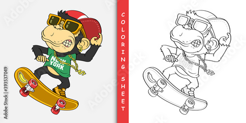 Cartoon skater monkey, Coloring sheet
