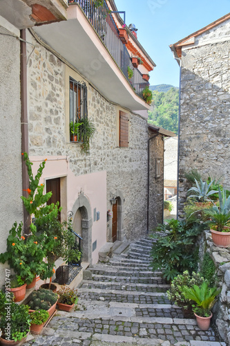 A narrow street among the old houses of Patrica, a medieval village in the Lazio region, Italy. 