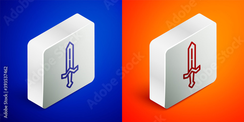 Isometric line Medieval sword icon isolated on blue and orange background. Medieval weapon. Silver square button. Vector.