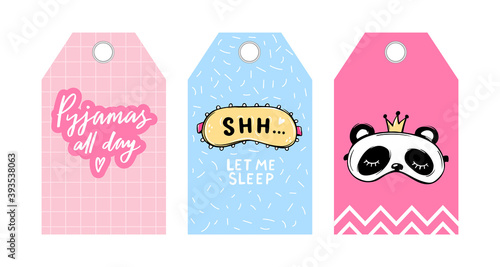 Cute vector tags with sleep masks and quotes. Vector cards collection. Blindfold classic and panda shaped. Labels, badges with eye masks