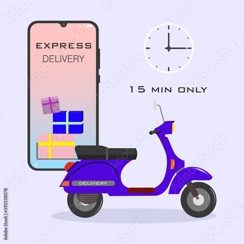 Online delivery service   online order tracking  delivery home and office. Scooter delivery. Shipping. Man on the bike with mask. Vector illustration