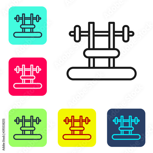 Black line Bench with barbel icon isolated on white background. Gym equipment. Bodybuilding, powerlifting, fitness concept. Set icons in color square buttons. Vector.