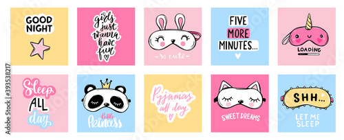 Sleep masks and quotes. Cute eyemasks. Cards, baby room posters, pajama party. Kawaii illustration.