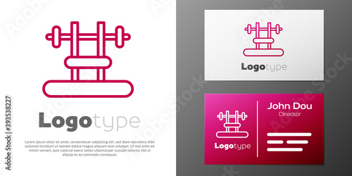 Logotype line Bench with barbel icon isolated on white background. Gym equipment. Bodybuilding, powerlifting, fitness concept. Logo design template element. Vector.