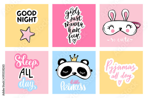 Sleep masks and quotes. Vector cards collection. Blindfold classic and animal shaped - rabbit, panda. Cute eyemasks.