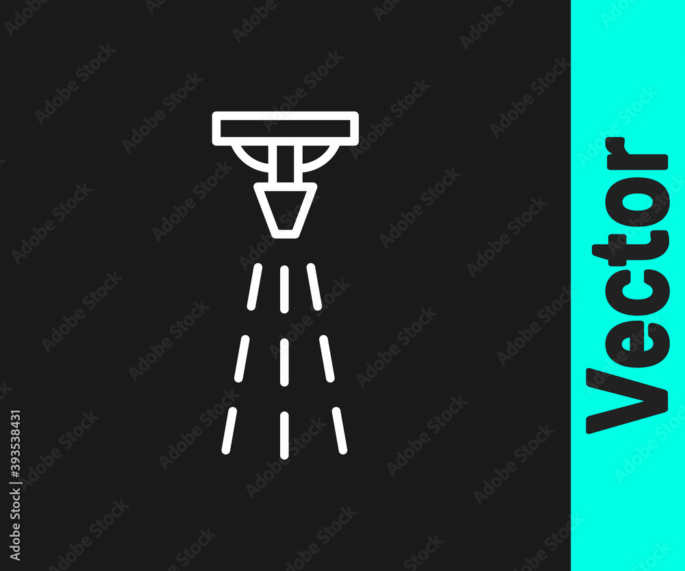 White line Fire sprinkler system icon isolated on black background. Sprinkler, fire extinguisher solid icon. Vector. White line Fire sprinkler system icon isolated on black background. Sprinkler, fire extinguisher solid icon. Vector.
