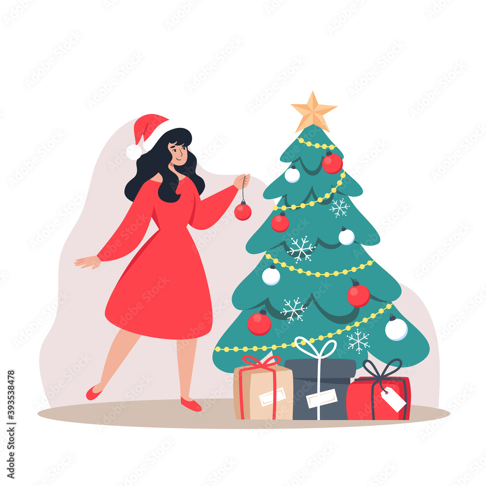 Girl in red dress decorates Christmas tree, vector illustration in flat style Girl in red dress decorates Christmas tree, vector illustration in flat style