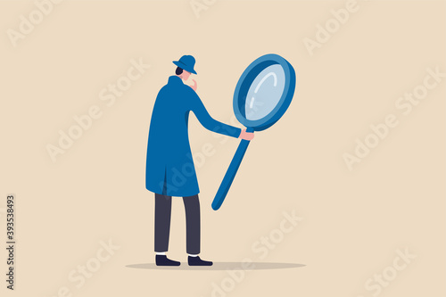 Search, discover, analyze report or specialist investigate and research for insight information concept, curiosity guy detective holding huge magnifying glass and thinking about evidence and result. photo