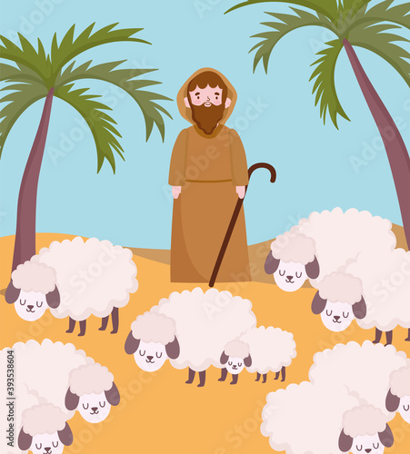 nativity, manger shepherd with sheeps in desert cartoon