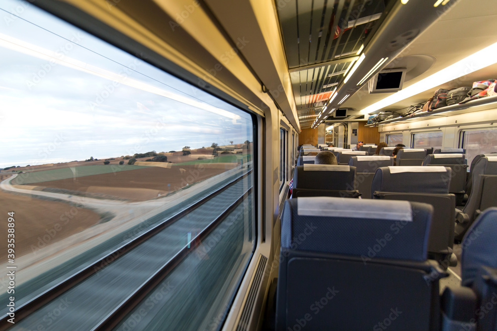 Inside and outside train view in movement . Railway view and train setting Inside and outside train view in movement . Railway view and train setting