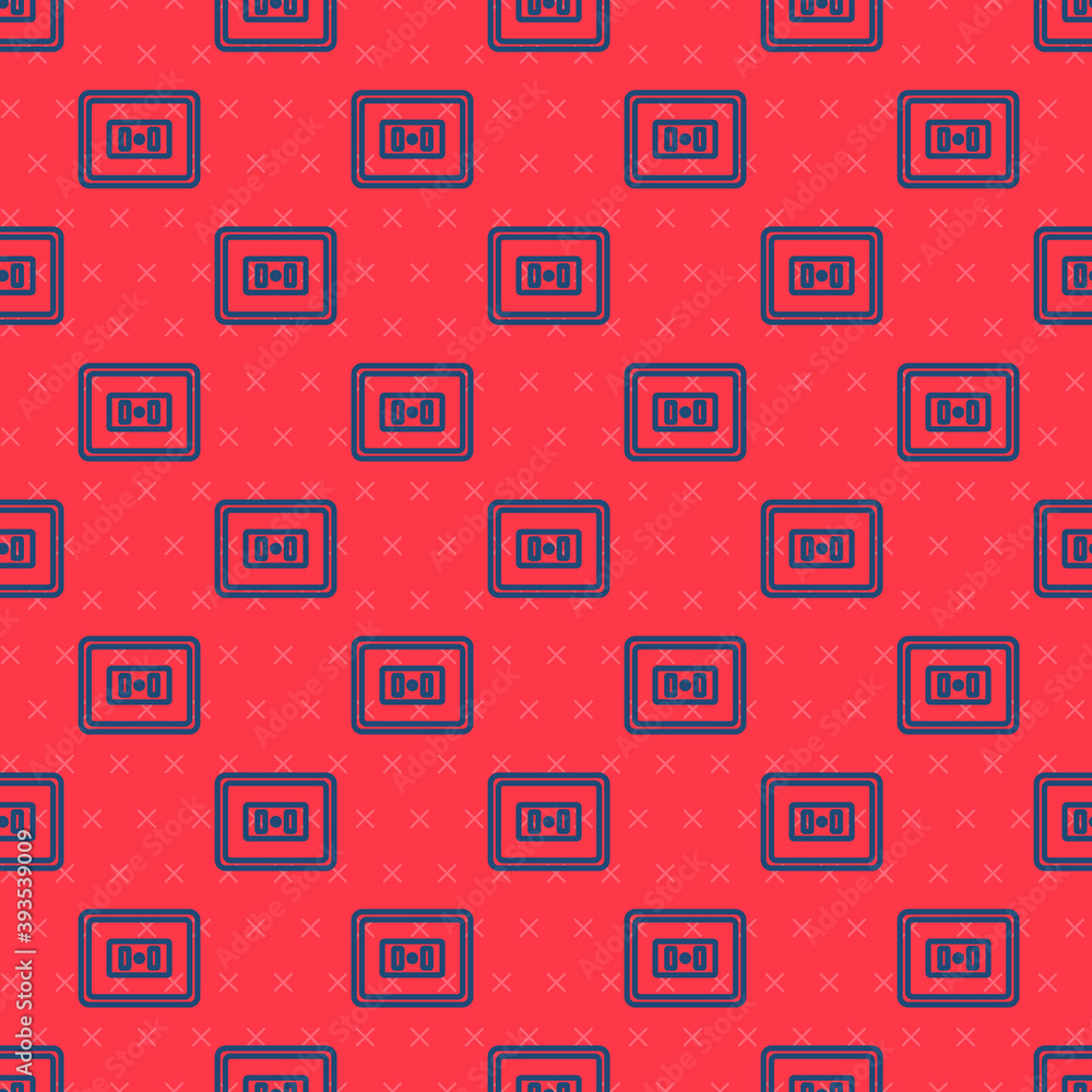 Blue line Electrical outlet icon isolated seamless pattern on red background. Power socket. Rosette symbol. Vector.