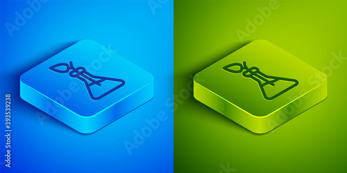 Isometric line Plant breeding icon isolated on blue and green background. Plants growing in the test tubes. Organic food ,agriculture and hydroponic. Square button. Vector.
