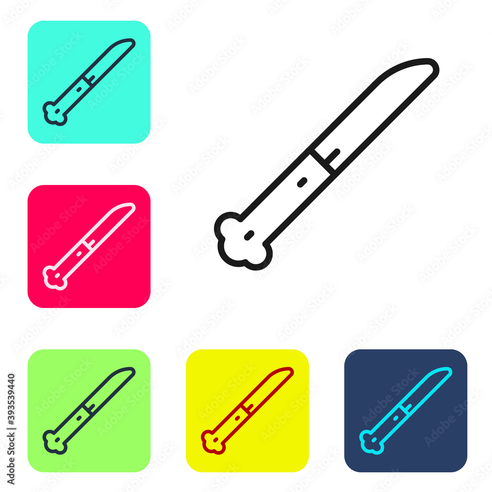 Black line Knife icon isolated on white background. Cutlery symbol. Set icons in color square buttons. Vector. Black line Knife icon isolated on white background. Cutlery symbol. Set icons in color square buttons. Vector.