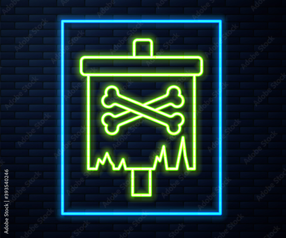 Glowing neon line Pirate flag icon isolated on brick wall background. Vector. Glowing neon line Pirate flag icon isolated on brick wall background. Vector.