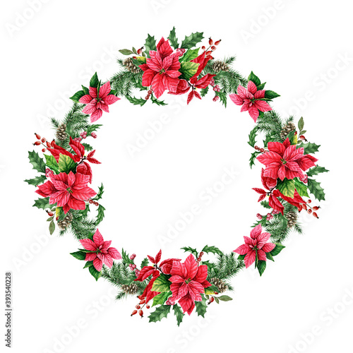 Watercolor Christmas Holly branches, berries and Spruce branches wreath. For card Design, invitations. Watercolor hand painted isolated Holly branches and Fir wreath. Winter holiday. White background