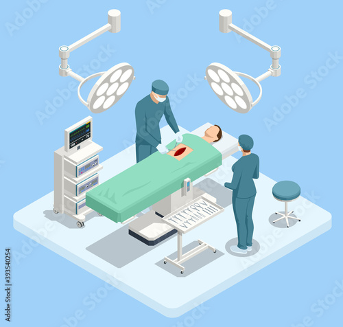 Isometric Equipment and Medical Devices in Modern Operating Room. Medical Team Performing Surgical Operation in Modern Operating Room