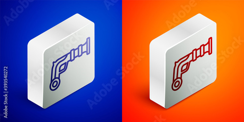 Isometric line Vintage pistols icon isolated on blue and orange background. Ancient weapon. Silver square button. Vector.