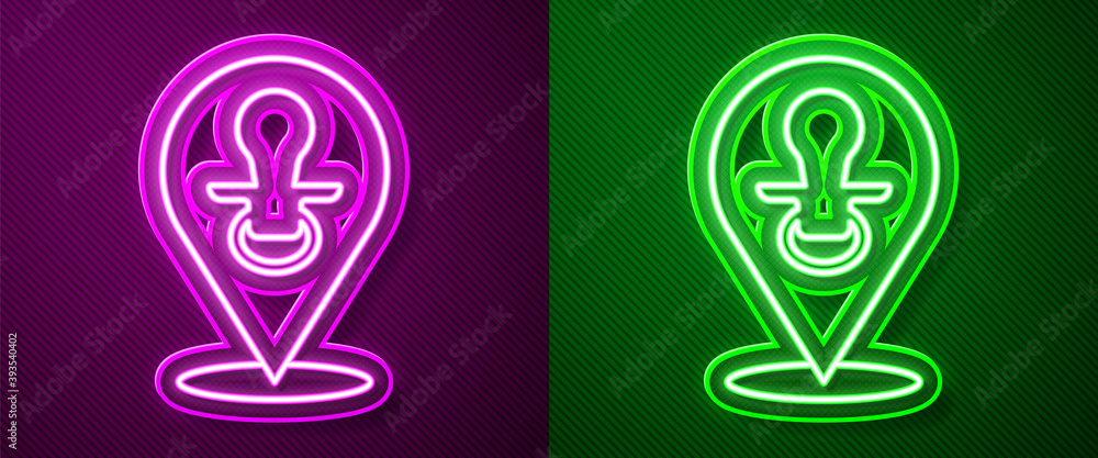 Glowing neon line Baby dummy pacifier icon isolated on purple and green background. Toy of a child. Vector. Glowing neon line Baby dummy pacifier icon isolated on purple and green background. Toy of a child. Vector.